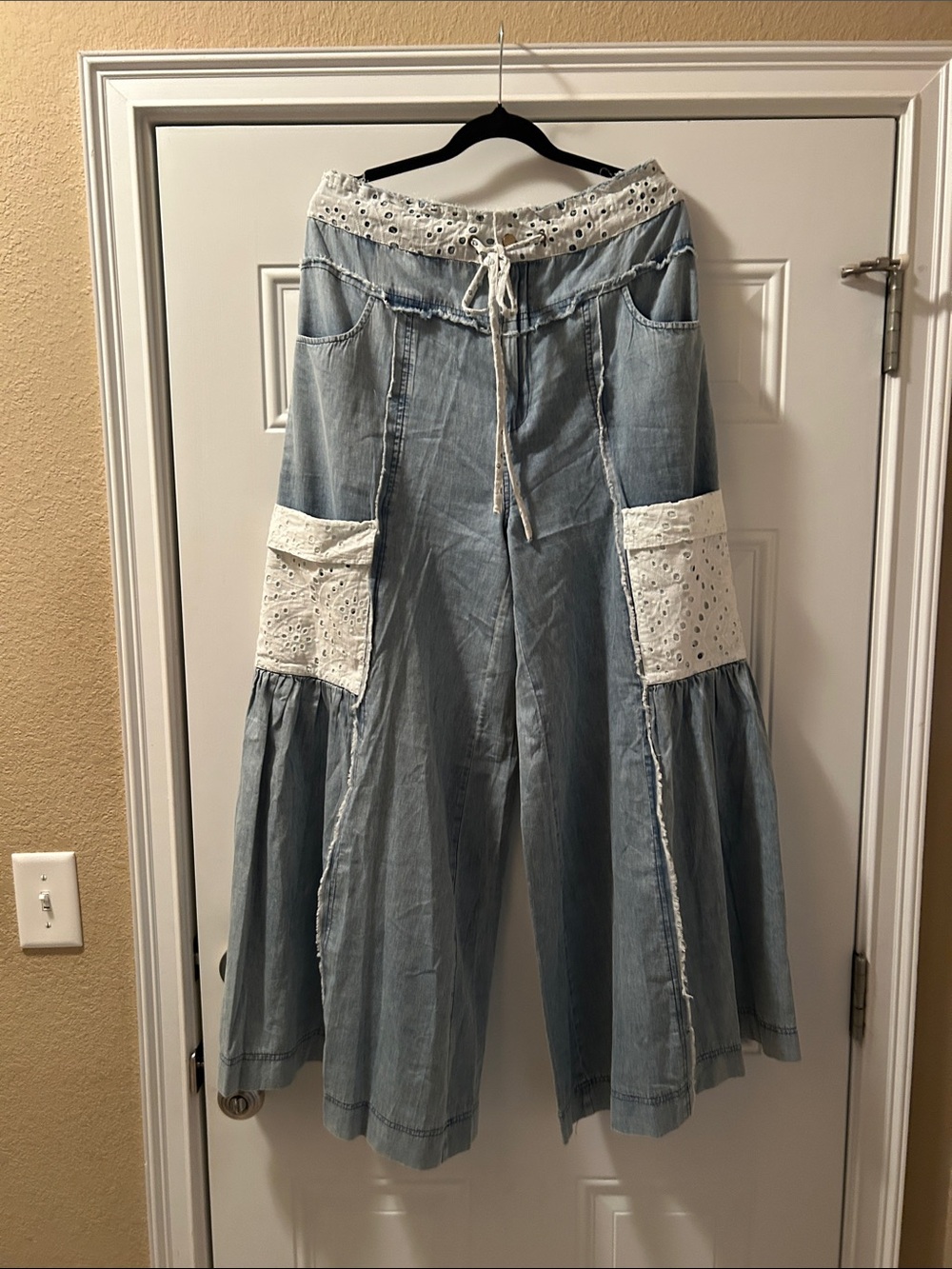 Light Blue Denim Wide-Leg Jumpsuit with White Eyelet Trim